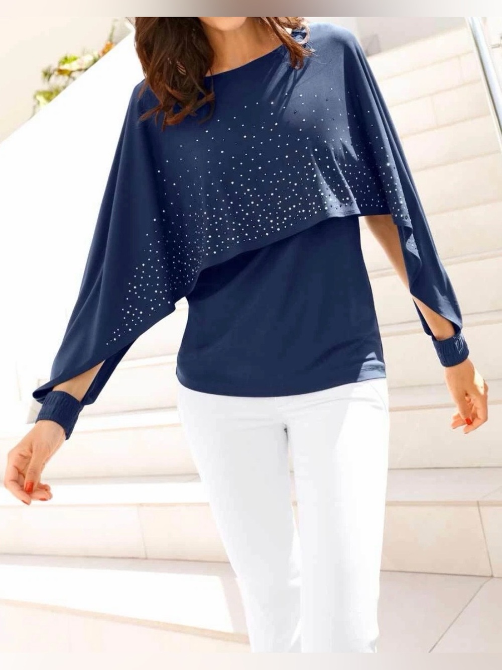 Women's Navy Rhinestone Overlay Batwing Top